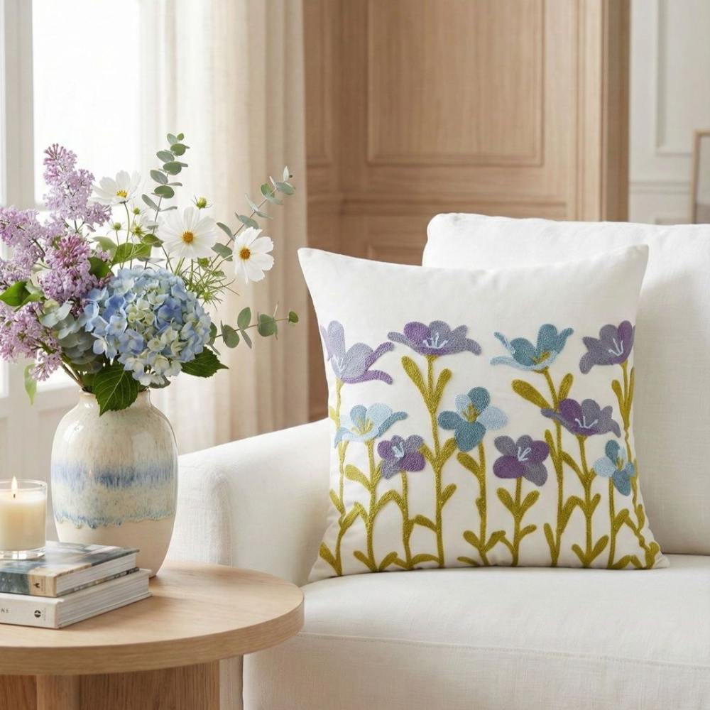 PACK 2 FUNDAS DE COJINES BORDADAS FLORES SILVESTRES MORADAS 3