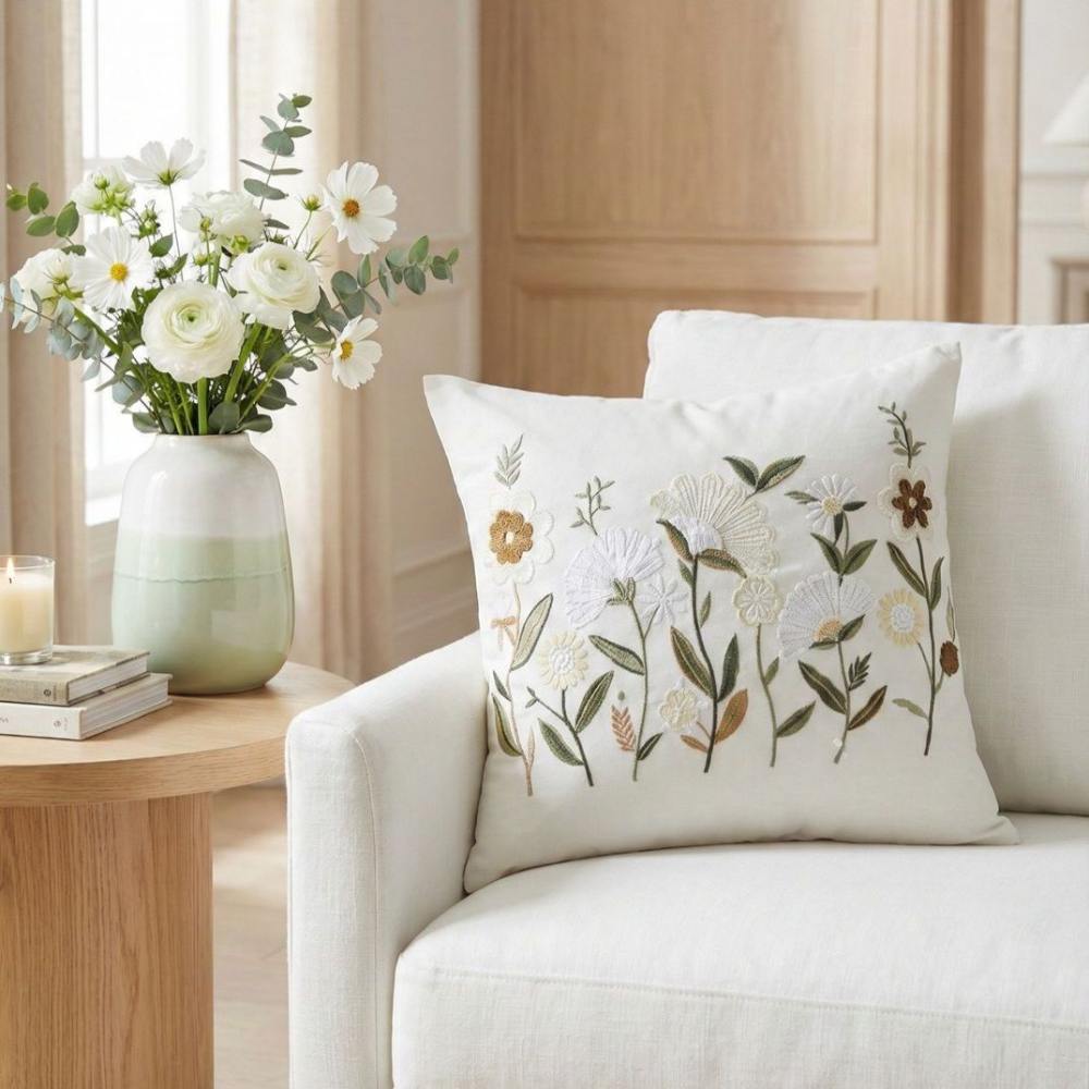 PACK 2 FUNDAS DE COJINES BORDADAS FLORES TONOS TIERRA 3