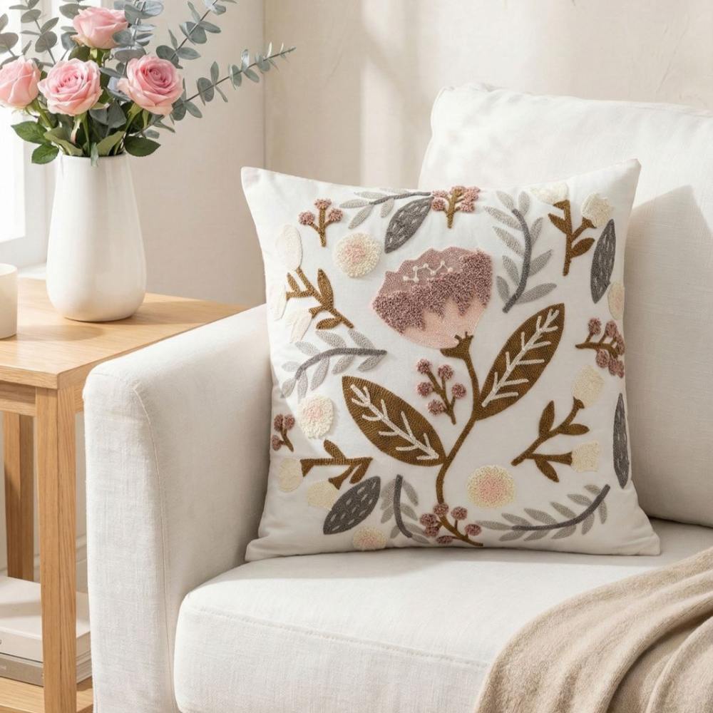 PACK 2 FUNDAS DE COJINES BORDADAS HOJAS CAFE 3