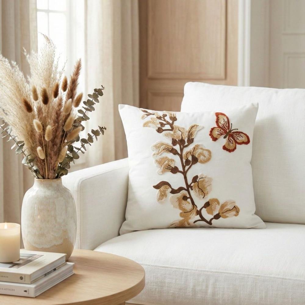 PACK 2 FUNDAS DE COJINES BORDADAS RAMA FLOR MARIPOSA 3