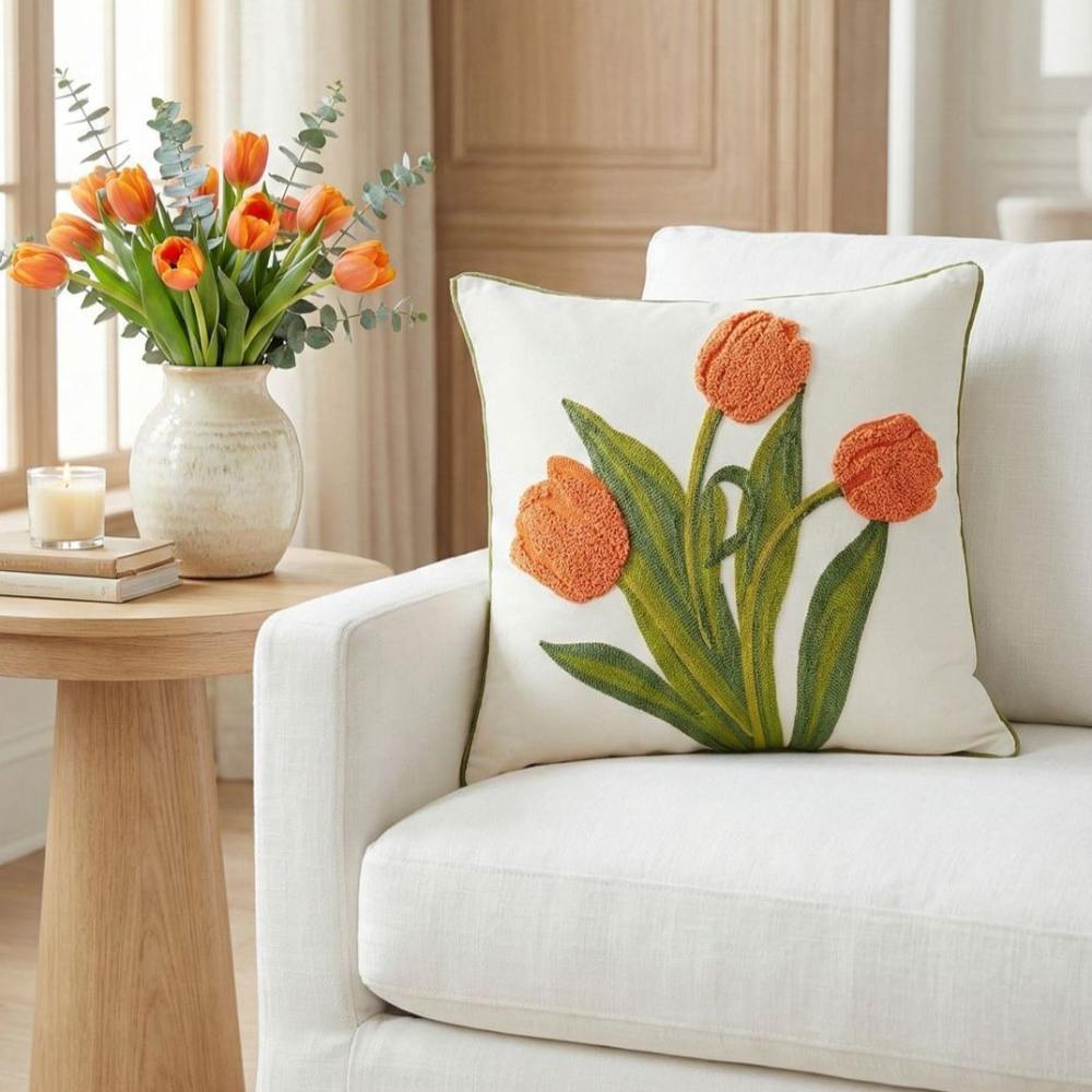 PACK 2 FUNDAS DE COJINES BORDADAS TULIPANES NARANJOS 3
