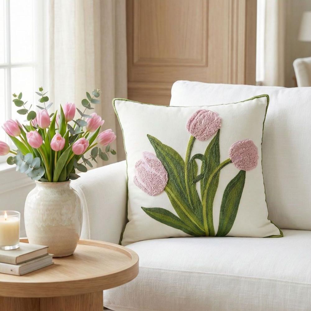 PACK 2 FUNDAS DE COJINES BORDADAS TULIPANES ROSADOS 3