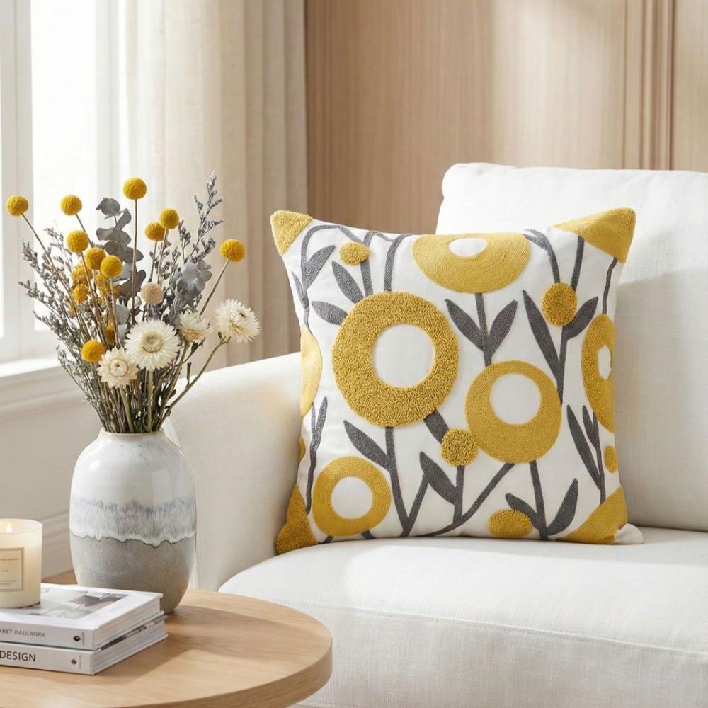 PACK 2 FUNDAS DE COJINES BORDADAS FLOR AMARILLA 3