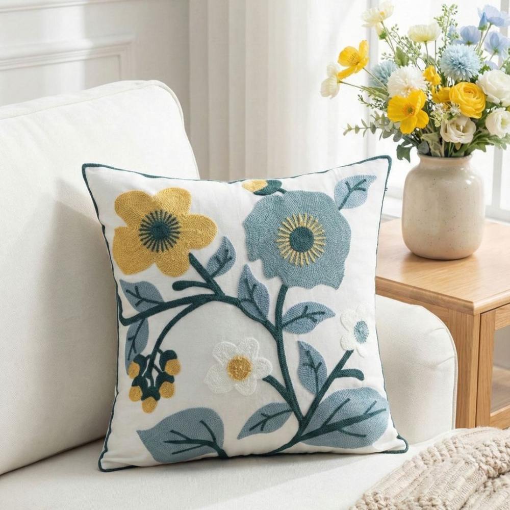 PACK 2 FUNDAS DE COJINES BORDADAS FLOR AMARILLA Y TURQUESA 2