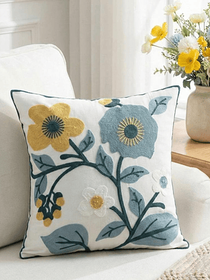 PACK 2 FUNDAS DE COJINES BORDADAS FLOR AMARILLA Y TURQUESA