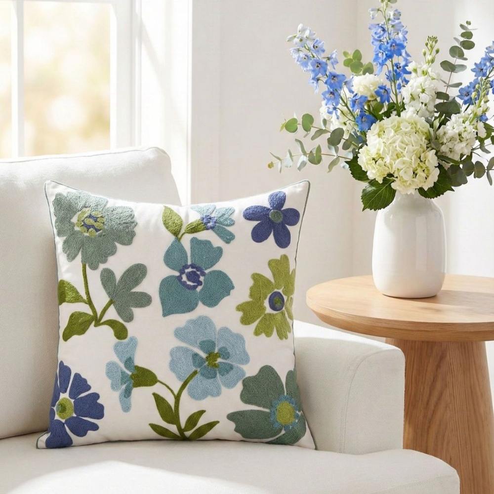 PACK 2 FUNDAS DE COJINES BORDADAS FLORES TONOS VERDES Y AZULES 2