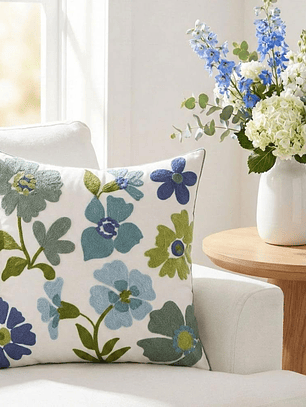 PACK 2 FUNDAS DE COJINES BORDADAS FLORES TONOS VERDES Y AZULES