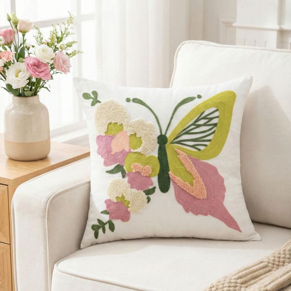 PACK 2 FUNDAS DE COJINES BORDADAS MARIPOSA AMARILLA 1