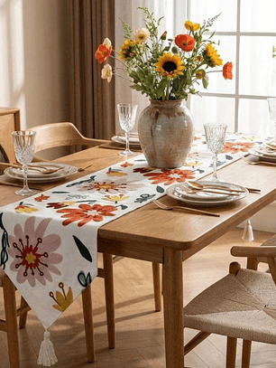 CAMINO DE MESA BORDADO FLORES ABSTRACTAS