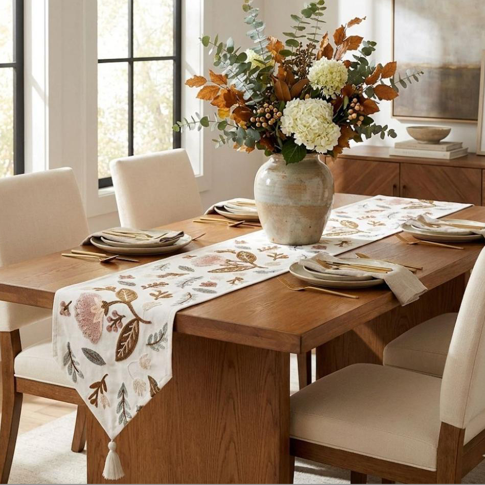 CAMINO DE MESA BORDADO HOJAS CAFE 1