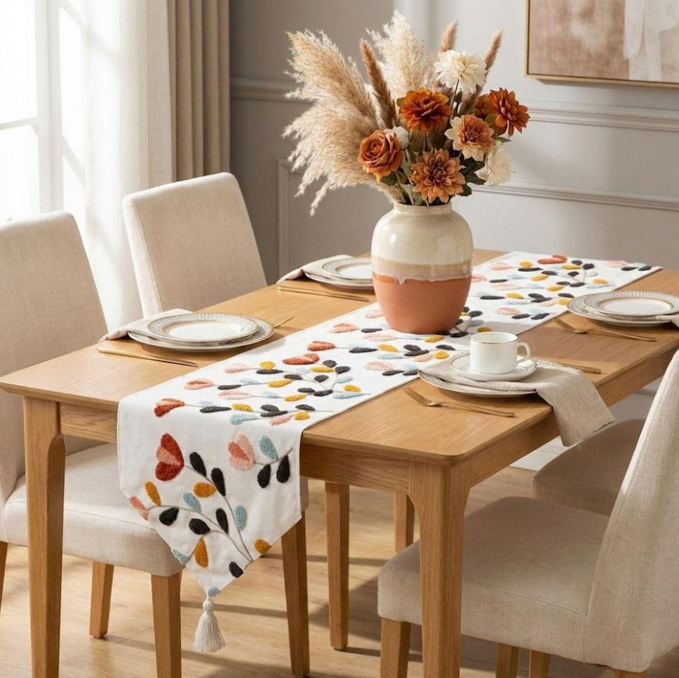 CAMINO DE MESA BORDADO HOJAS Y FLORES COLOR 1