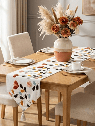 CAMINO DE MESA BORDADO HOJAS Y FLORES COLOR