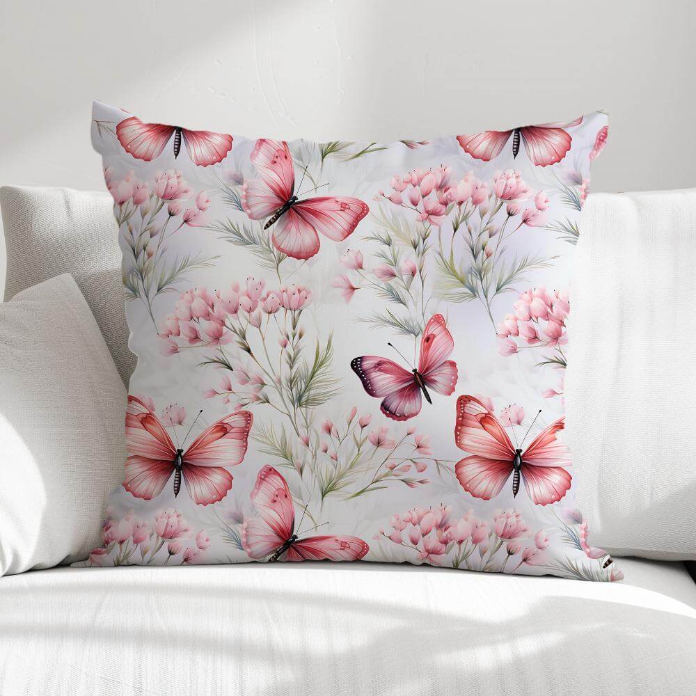FUNDA DE COJIN MARIPOSAS Y FLORES ROSADAS 1