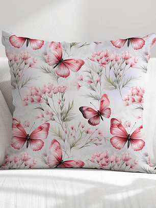 FUNDA DE COJIN MARIPOSAS Y FLORES ROSADAS