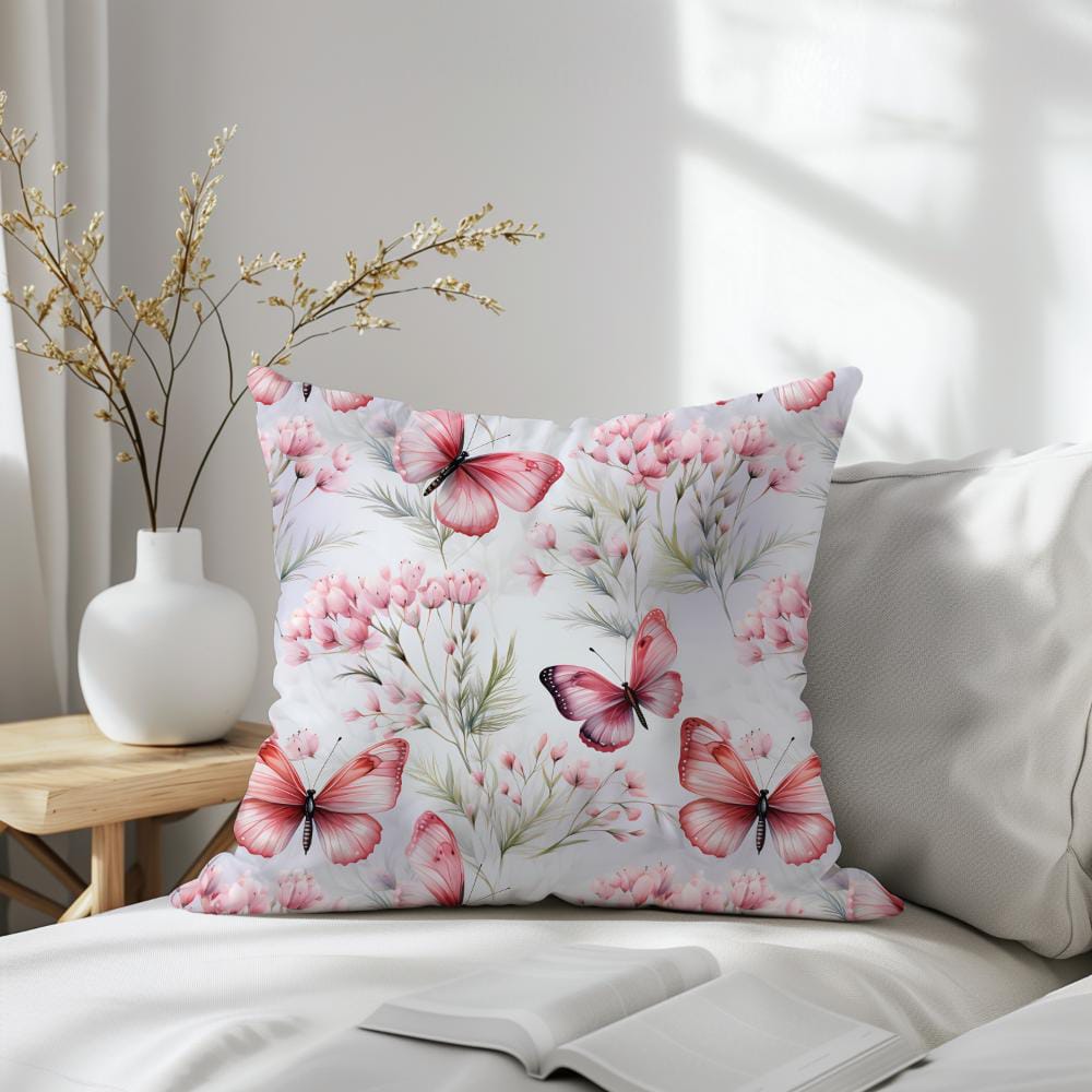 FUNDA DE COJIN MARIPOSAS Y FLORES ROSADAS 2