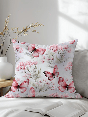 FUNDA DE COJIN MARIPOSAS Y FLORES ROSADAS