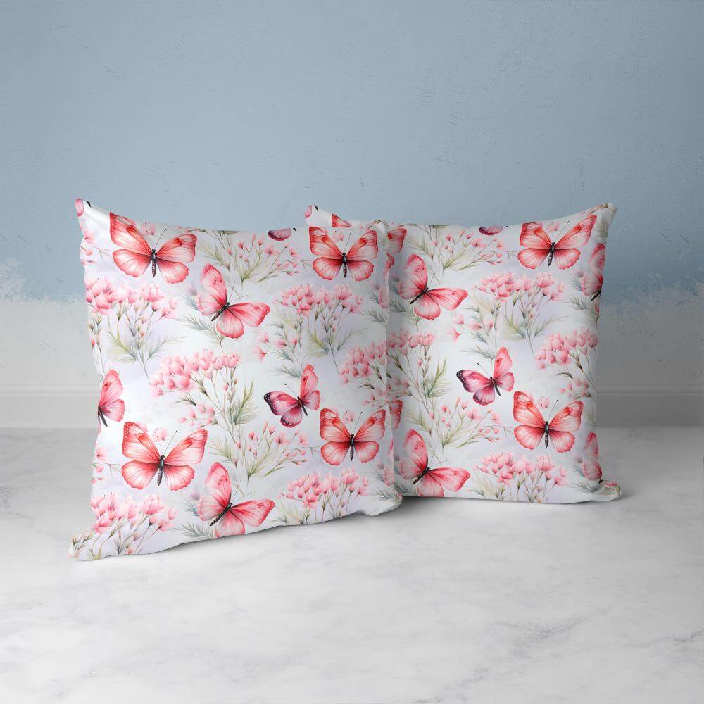 FUNDA DE COJIN MARIPOSAS Y FLORES ROSADAS 3