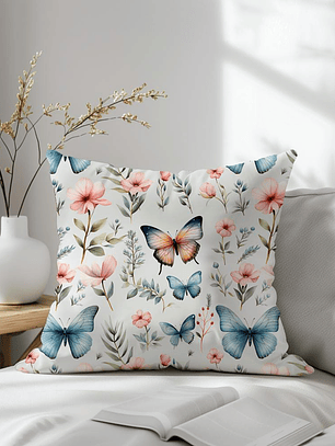 FUNDA DE COJIN MARIPOSAS HOJAS Y FLORES