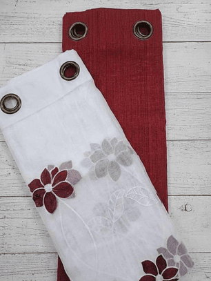 PACK DE CORTINAS DE TELA CON VISILLOS FLOR ROJO OSCURO