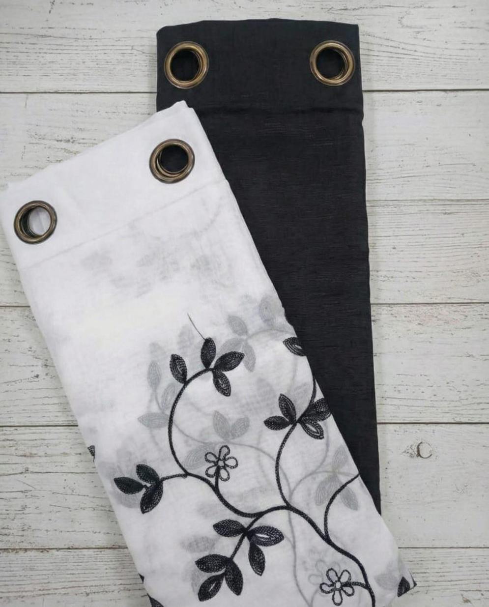 PACK DE CORTINAS DE TELA CON VISILLOS HOJAS NEGRAS 1