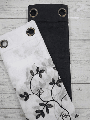 PACK DE CORTINAS DE TELA CON VISILLOS HOJAS NEGRAS