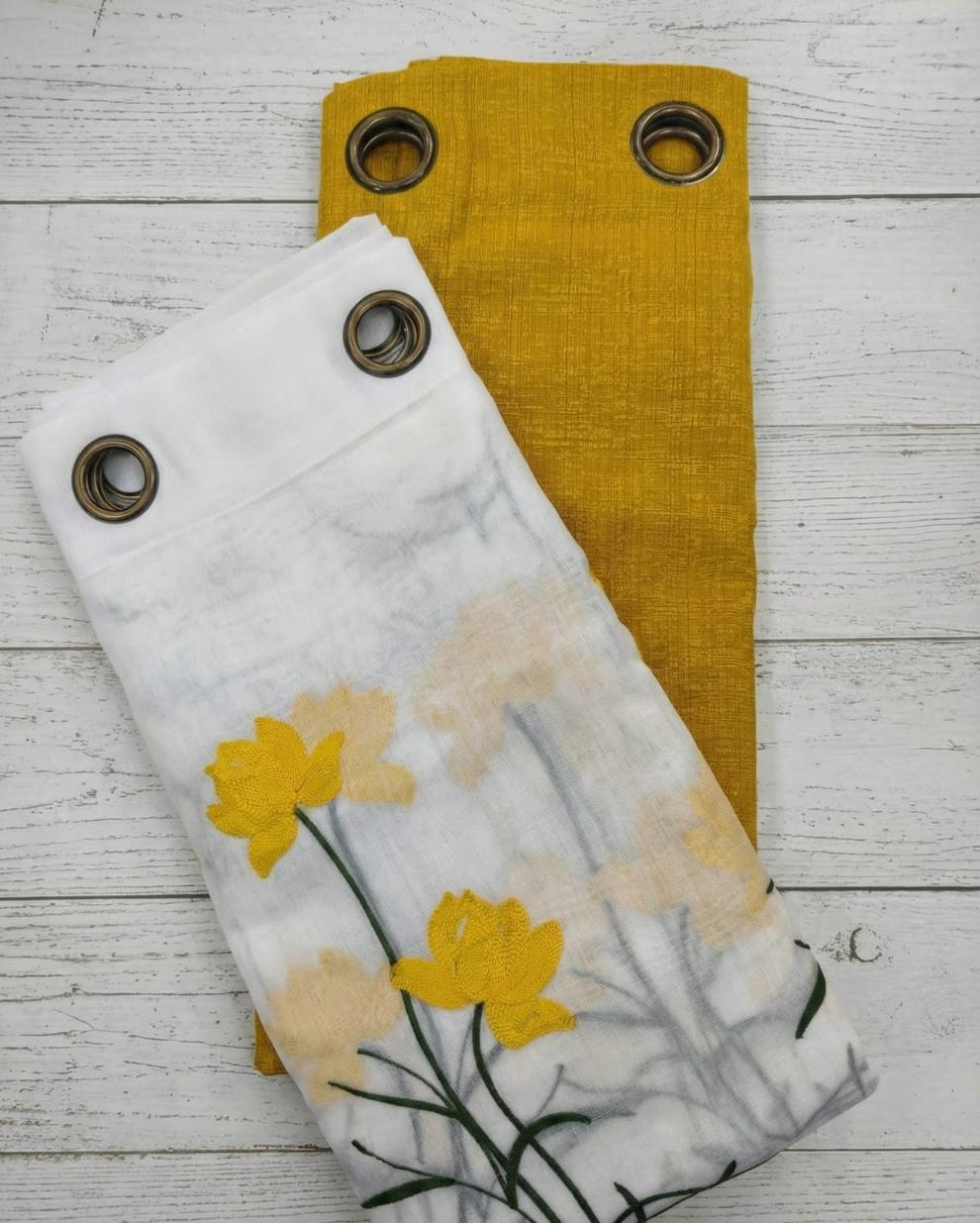 PACK DE CORTINAS DE TELA CON VISILLOS DOS FLORES AMARILLAS 1