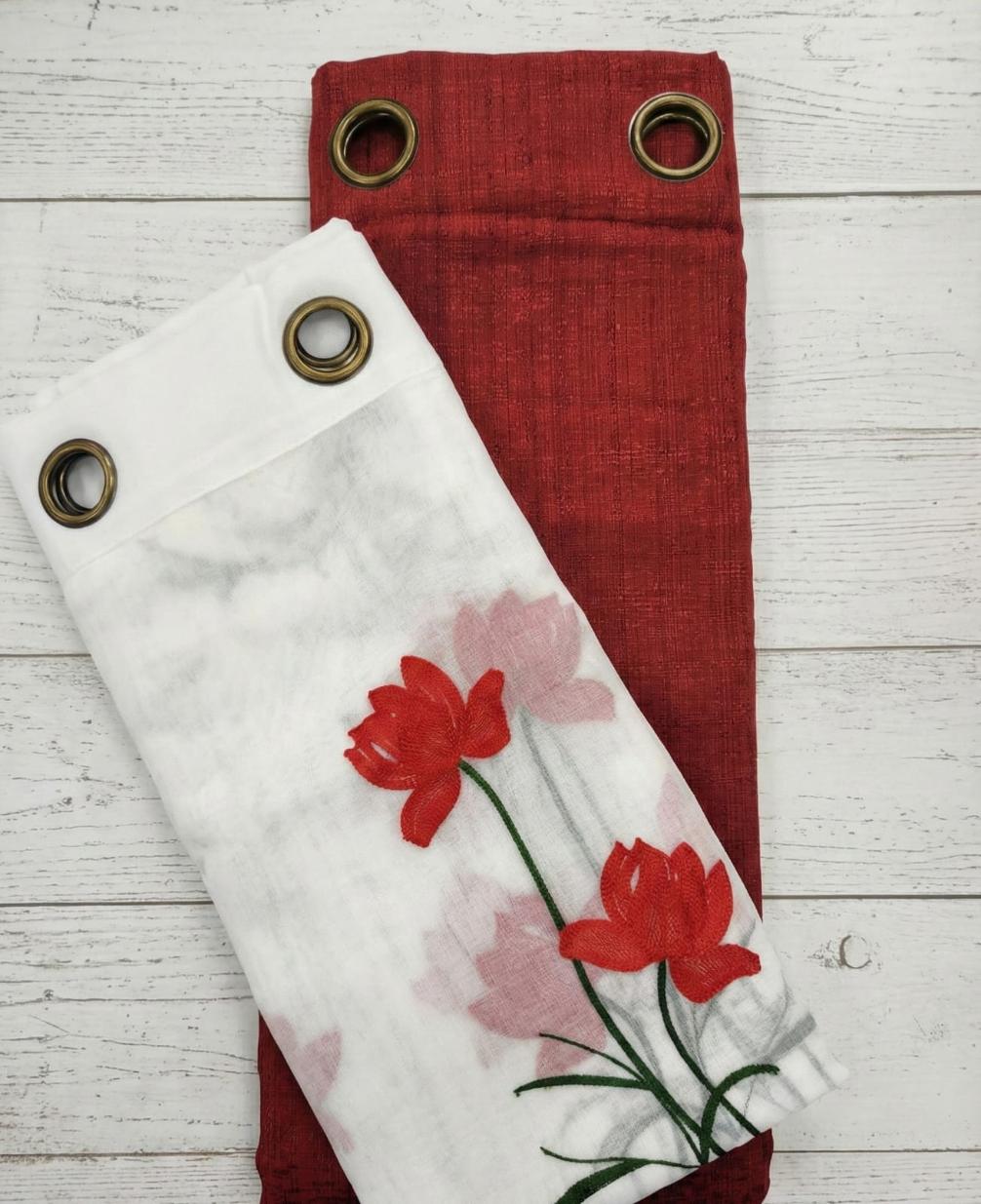 PACK DE CORTINAS DE TELA CON VISILLOS DOS FLORES ROJAS 1