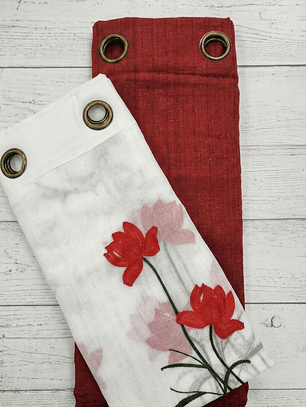 PACK DE CORTINAS DE TELA CON VISILLOS DOS FLORES ROJAS