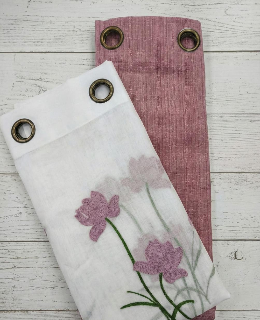 PACK DE CORTINAS DE TELA CON VISILLOS DOS FLORES ROSADAS 1