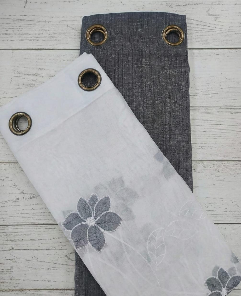 PACK DE CORTINAS DE TELA CON VISILLOS  FLORES CHICAS GRIS 1