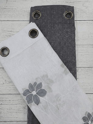 PACK DE CORTINAS DE TELA CON VISILLOS  FLORES CHICAS GRIS
