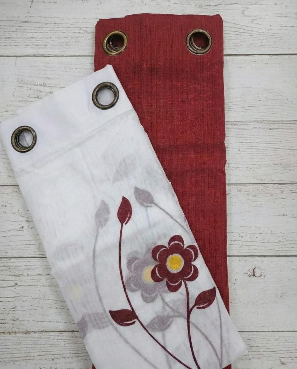 PACK DE CORTINAS DE TELA CON VISILLOS FLORES ROJO OSCURO 1