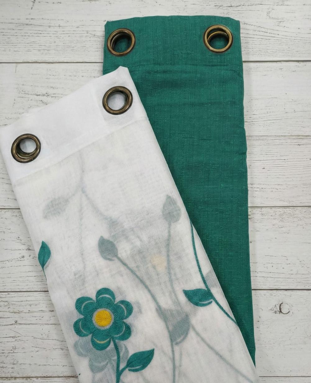 PACK DE CORTINAS DE TELA CON VISILLOS FLORES VERDES 1