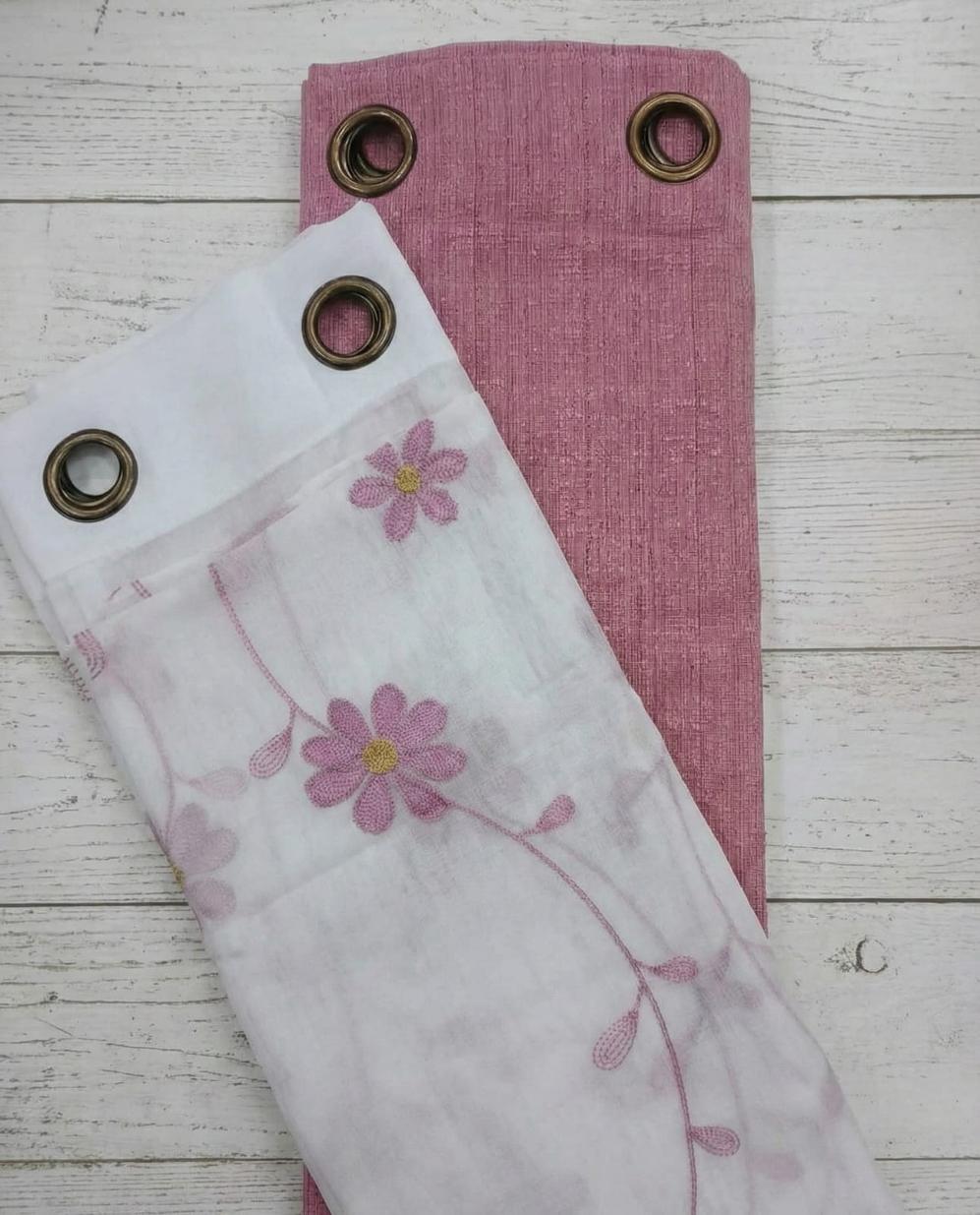 PACK DE CORTINAS DE TELA CON VISILLOS FLOR HOJAS PEQUEÑAS ROSADAS 1