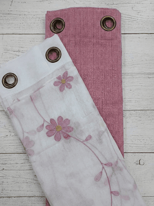 PACK DE CORTINAS DE TELA CON VISILLOS FLOR HOJAS PEQUEÑAS ROSADAS