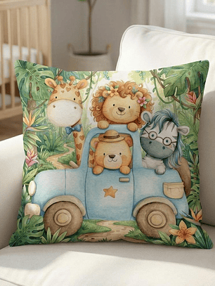 FUNDA DE COJIN INFANTIL ANIMALITOS EN AUTO