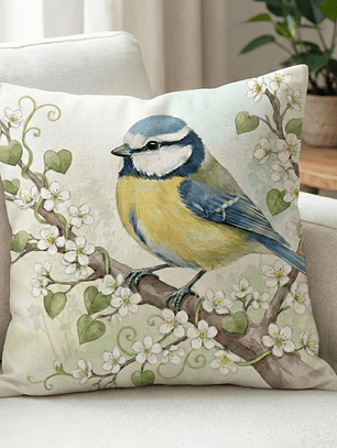 FUNDA DE COJIN AVE AZUL CON AMARILLO