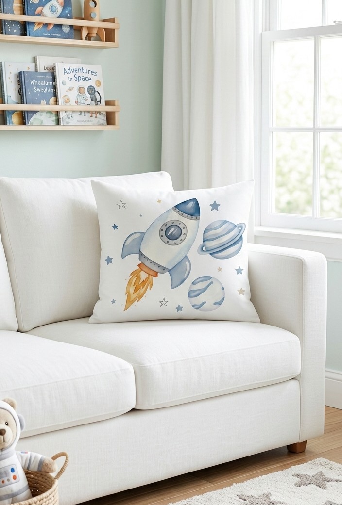 FUNDA DE COJIN INFANTIL COHETE CELESTE  1