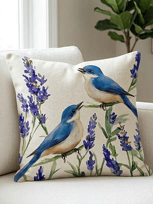 FUNDA DE COJIN PAREJA DE PAJAROS AZULES 