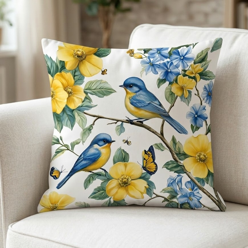 FUNDA DE COJIN PAJAROS Y FLORES AMARILLAS 1