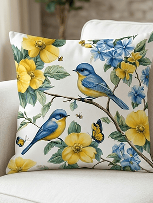 FUNDA DE COJIN PAJAROS Y FLORES AMARILLAS