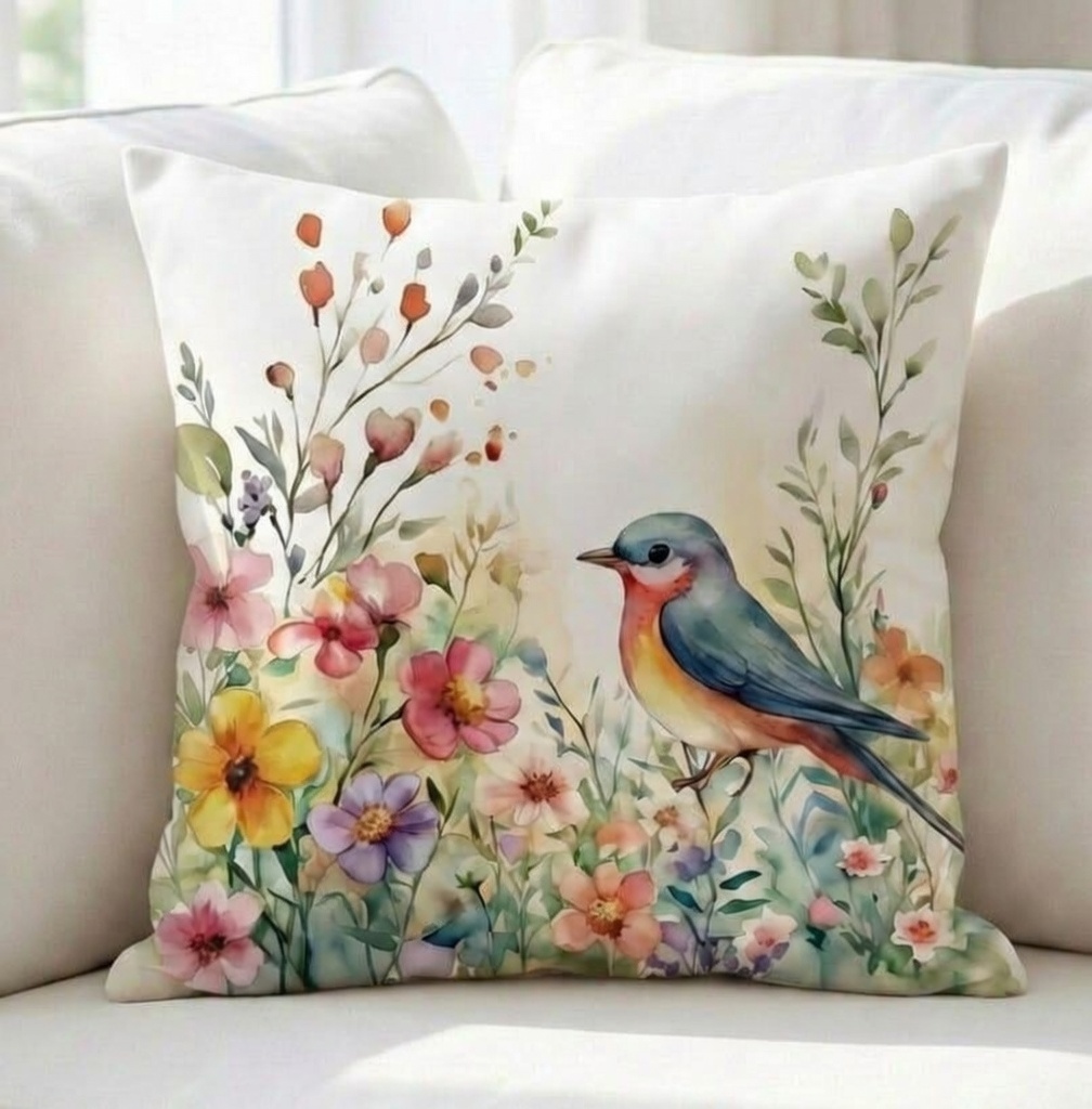 FUNDA DE COJIN PAJARO Y FLORES  1