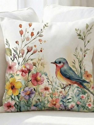 FUNDA DE COJIN PAJARO Y FLORES 