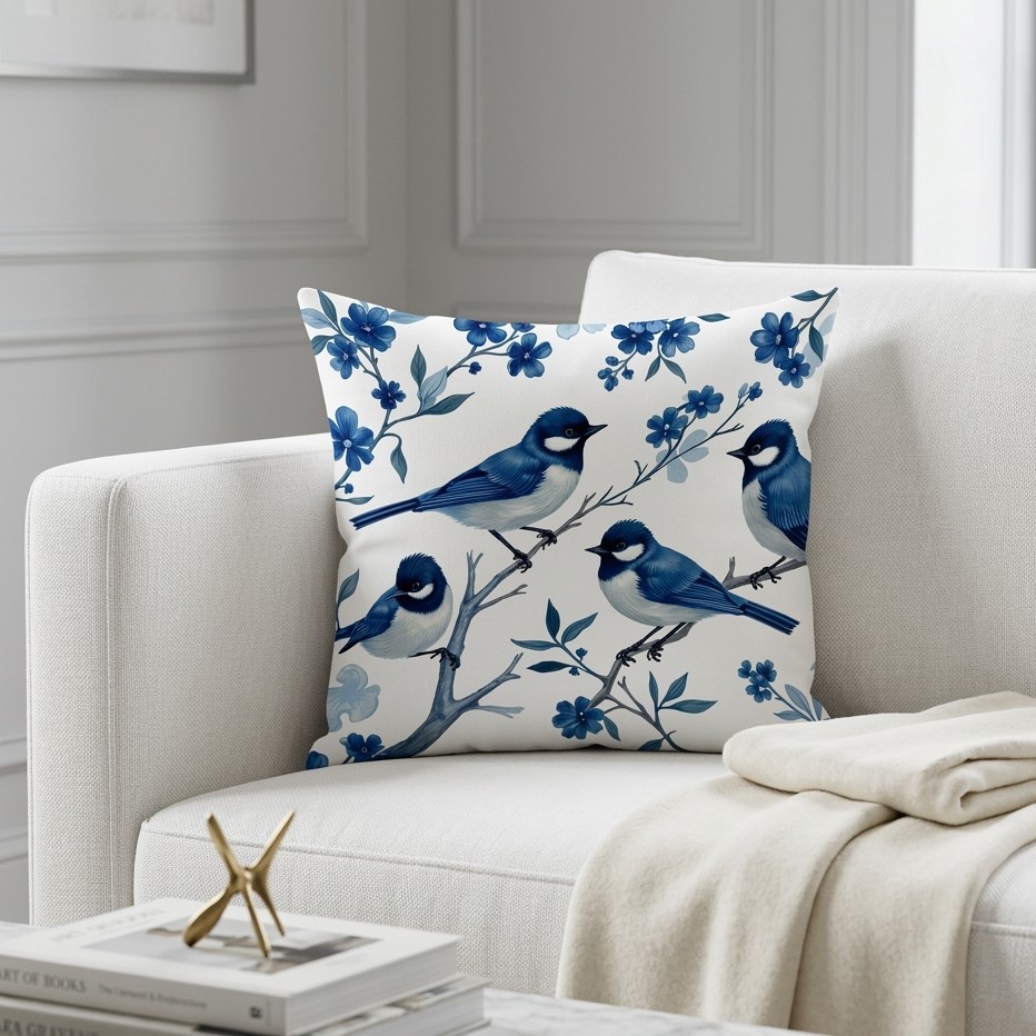 FUNDA DE COJIN PAJAROS AZULES  1