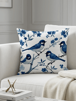 FUNDA DE COJIN PAJAROS AZULES 