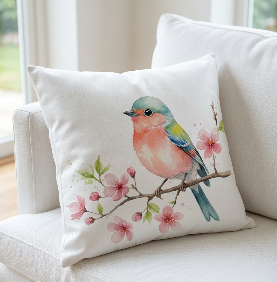 FUNDA DE COJIN PAJARO ROSADO 1