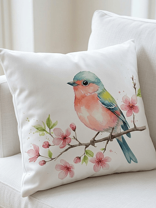 FUNDA DE COJIN PAJARO ROSADO