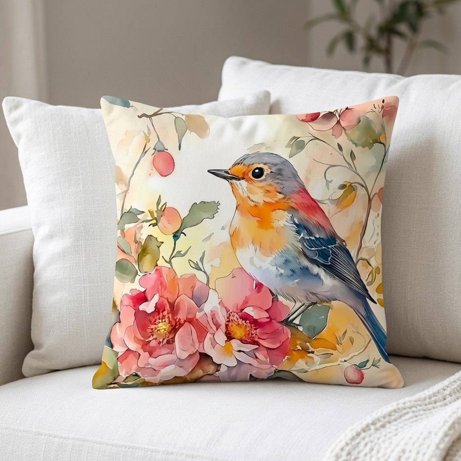FUNDA DE COJIN PAJARO ACUARELA  1