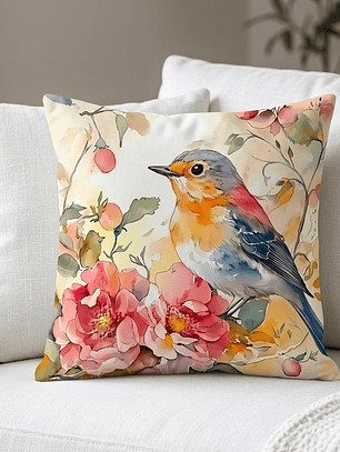 FUNDA DE COJIN PAJARO ACUARELA 