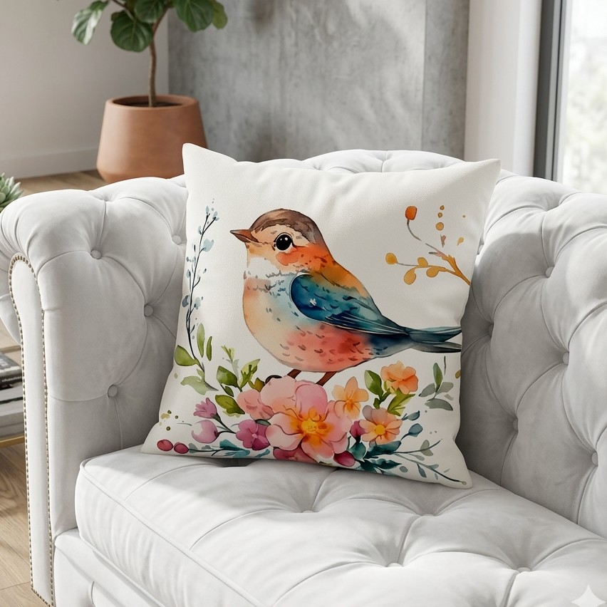 FUNDA DE COJIN PAJARO EN FLORES  1